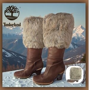 Timberland Women's Brown Heeled Boots with Faux Fur Fold Down Cuff Gold Shimmer